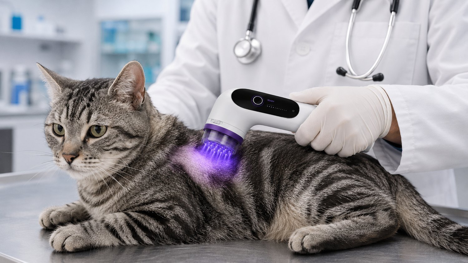 A veterinarian treating a cat with the JivaVet cold plasma handpiece