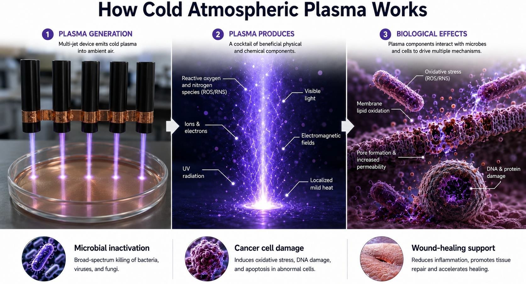 How cold atmospheric plasma works: generation, reactive species, and biological effects