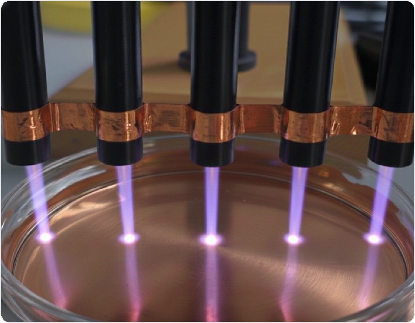 The JivaVet 5×1 multijet array firing five violet cold-plasma jets onto a dish
