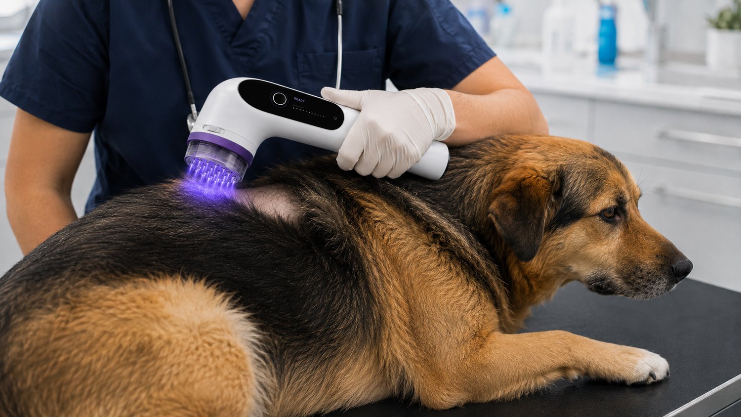 The JivaVet handpiece treating a dog, showing the multijet plume and READY display